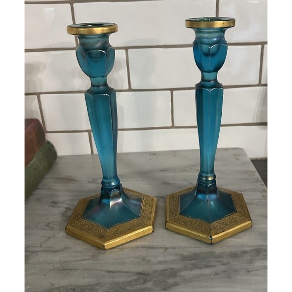 Pair of Vintage Fenton Celeste Blue & Gold Gilt Stretched 8.5 Inch Candlesticks